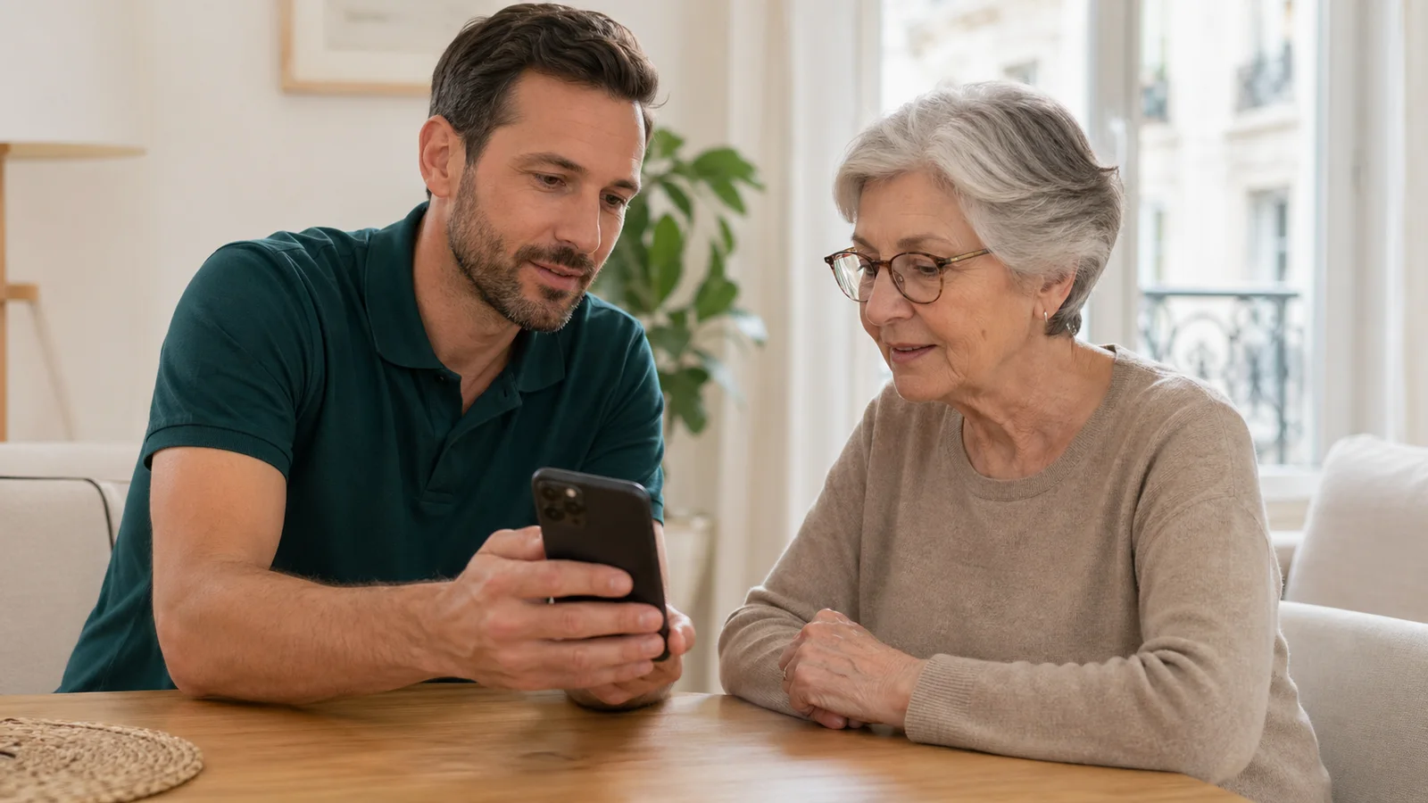 Senior tenant un smartphone avec écran simplifié et icônes agrandies