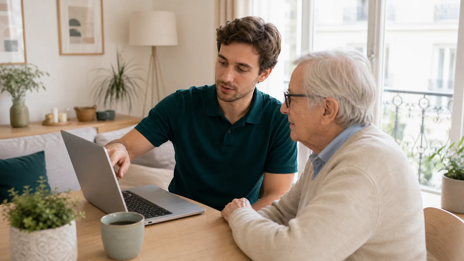 Personne âgée utilisant un ordinateur avec bureau simplifié et gros caractères