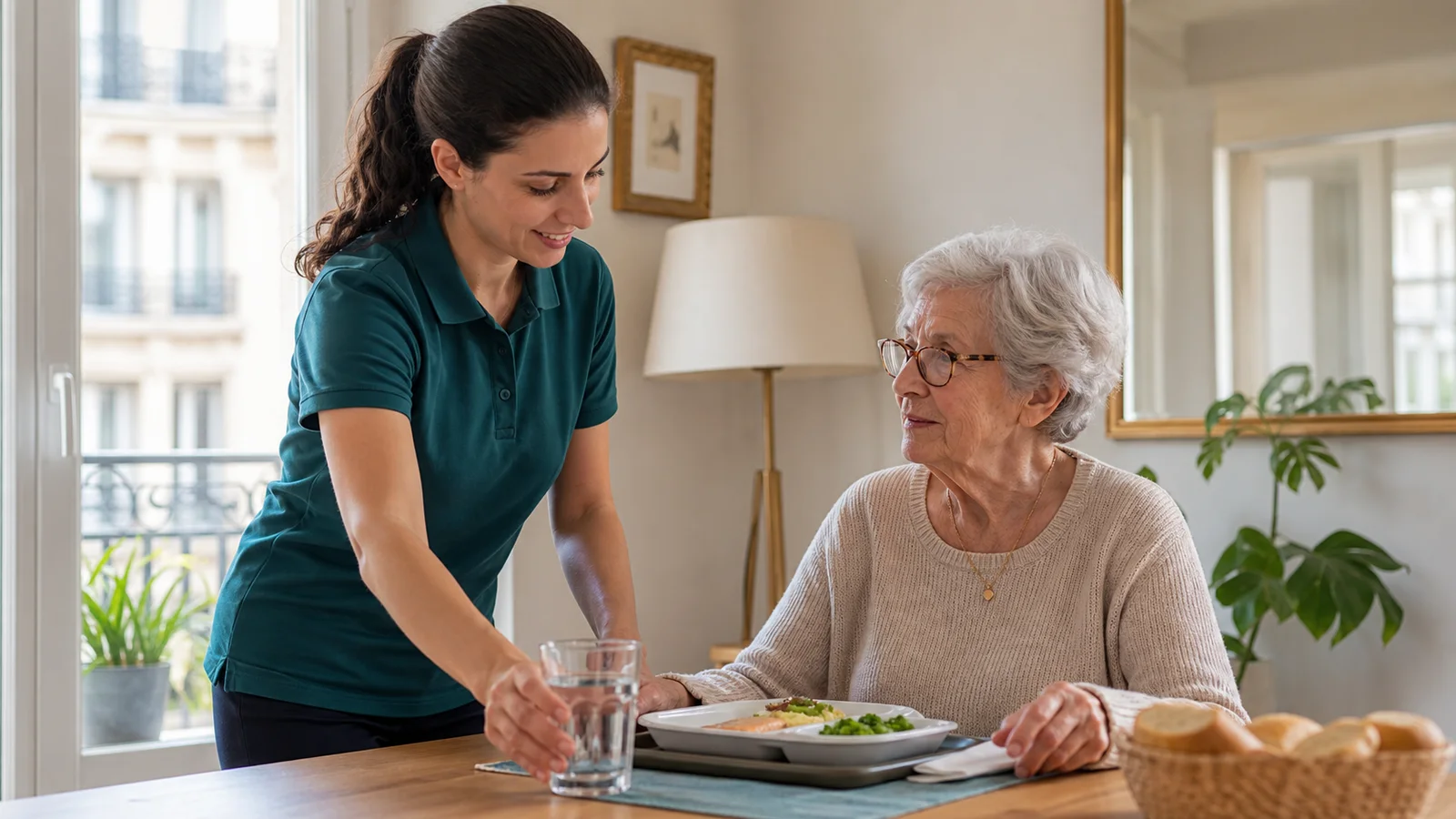 Intervenante préparant un repas équilibré dans la cuisine d'une personne âgée