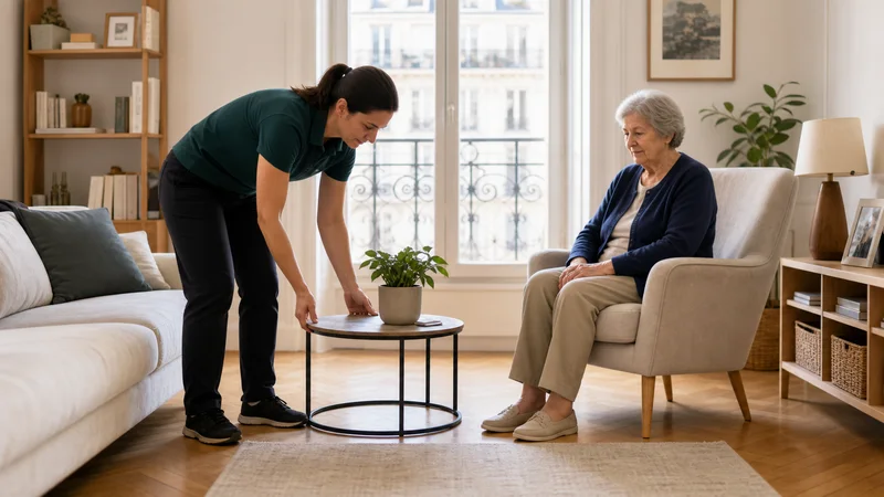 Professionnelle sécurisant le passage dans le salon d'une personne âgée