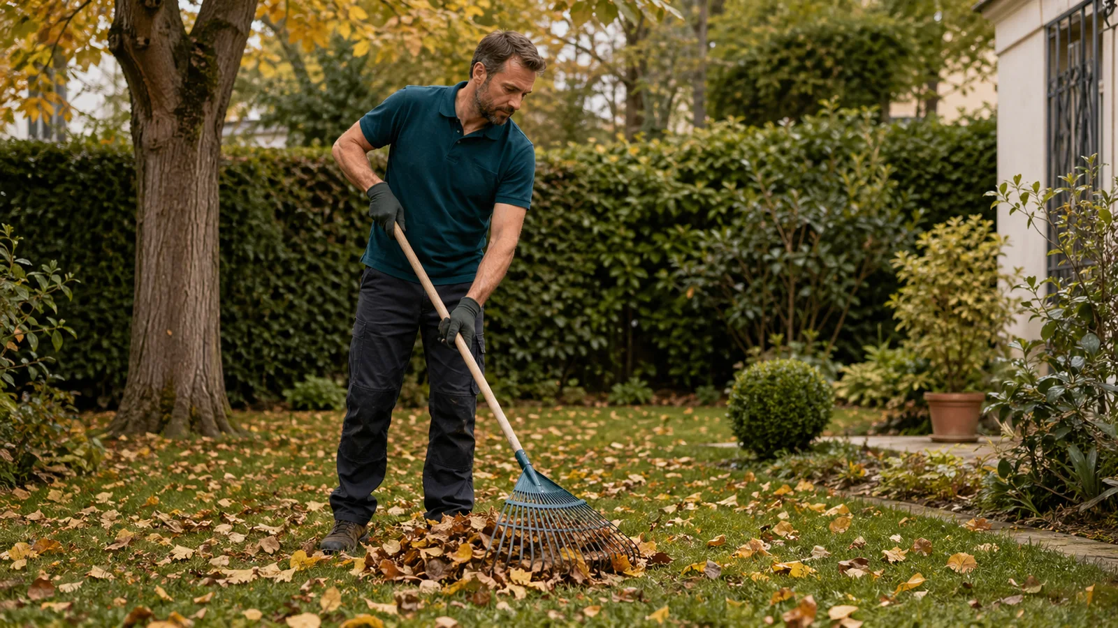 Râteau ramassant des feuilles mortes sur une pelouse en automne