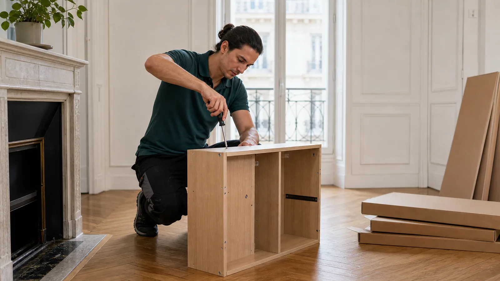 Bibliothèque en kit terminée et fixée au mur dans un salon lumineux