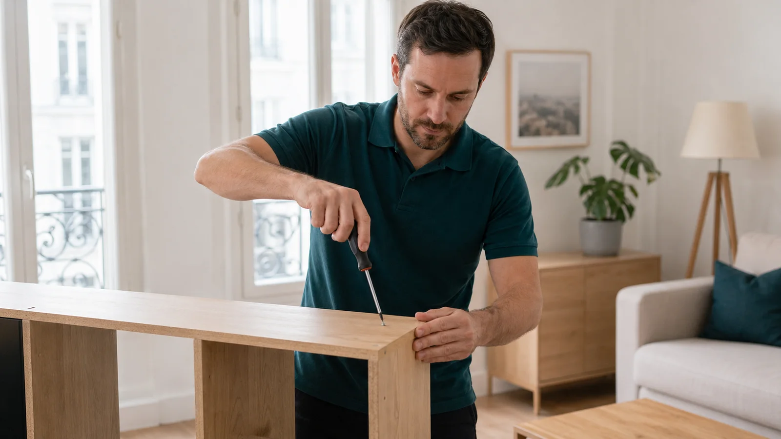 Intervenant assemblant les panneaux d'une armoire IKEA avec une visseuse