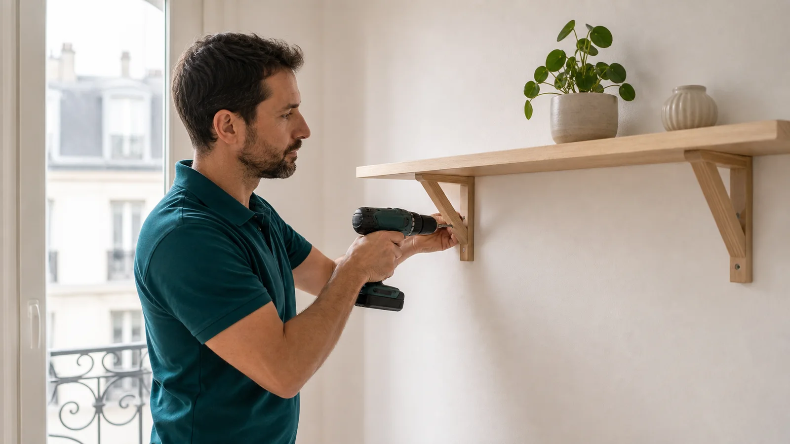 Perceuse en action pour fixer une étagère sur un mur en plâtre