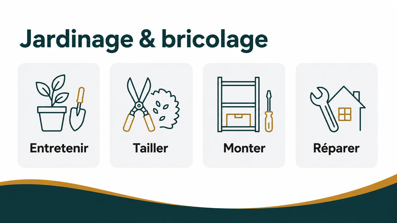 Outils de jardinage et de bricolage disposés dans un jardin privatif