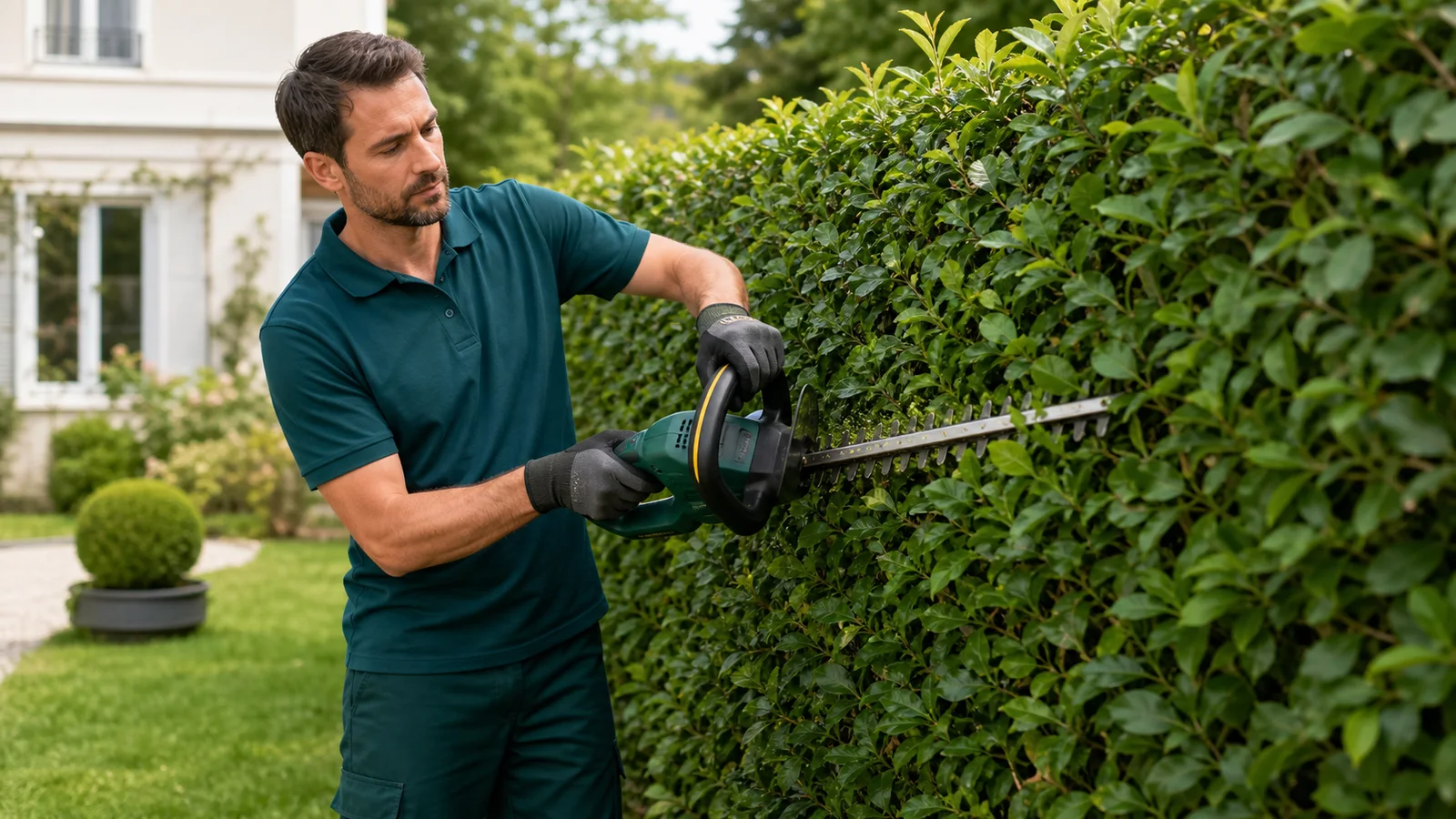 Jardinier professionnel taillant une haie avec un taille-haie électrique