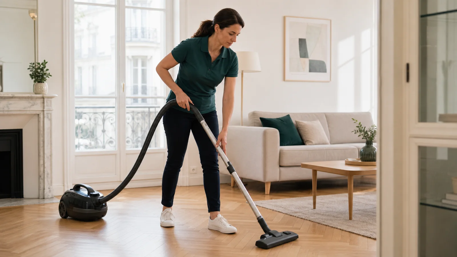 Femme de ménage passant l'aspirateur dans un séjour spacieux et bien éclairé