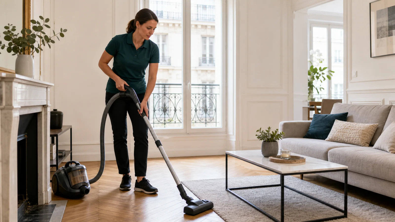 Passage de l'aspirateur sur le parquet d'un salon lumineux et rangé