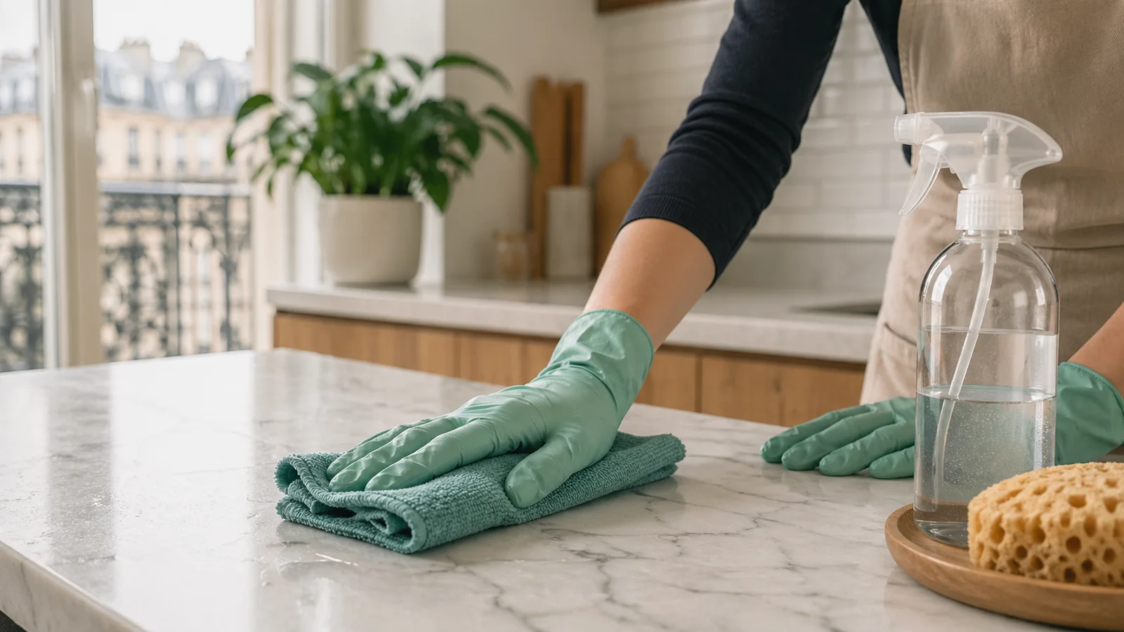 Nettoyage d'un plan de travail en cuisine avec un chiffon microfibre