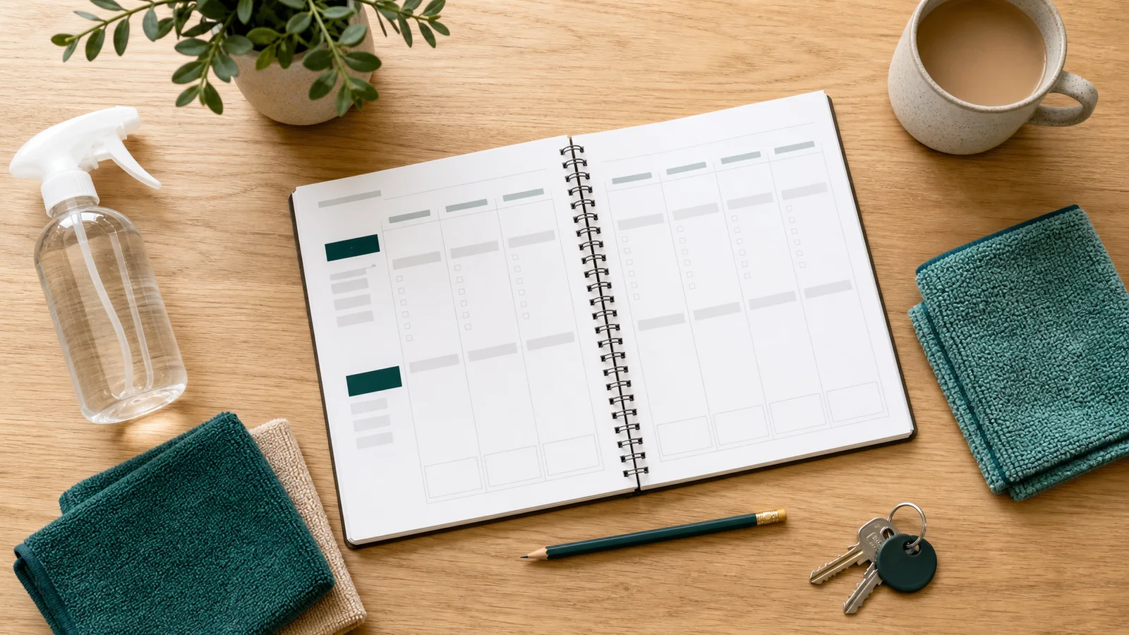 Vue du dessus d'un bureau avec agenda ouvert, produits ménagers et chiffons pliés