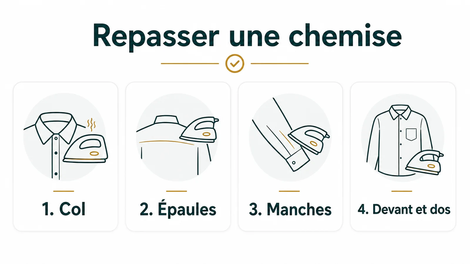 Chemise en cours de repassage montrant les sept zones à traiter