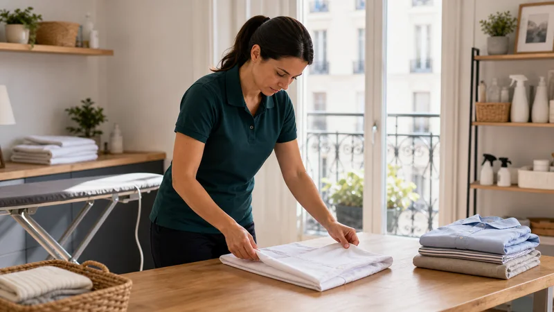 Professionnelle pliant une chemise blanche dans un intérieur lumineux