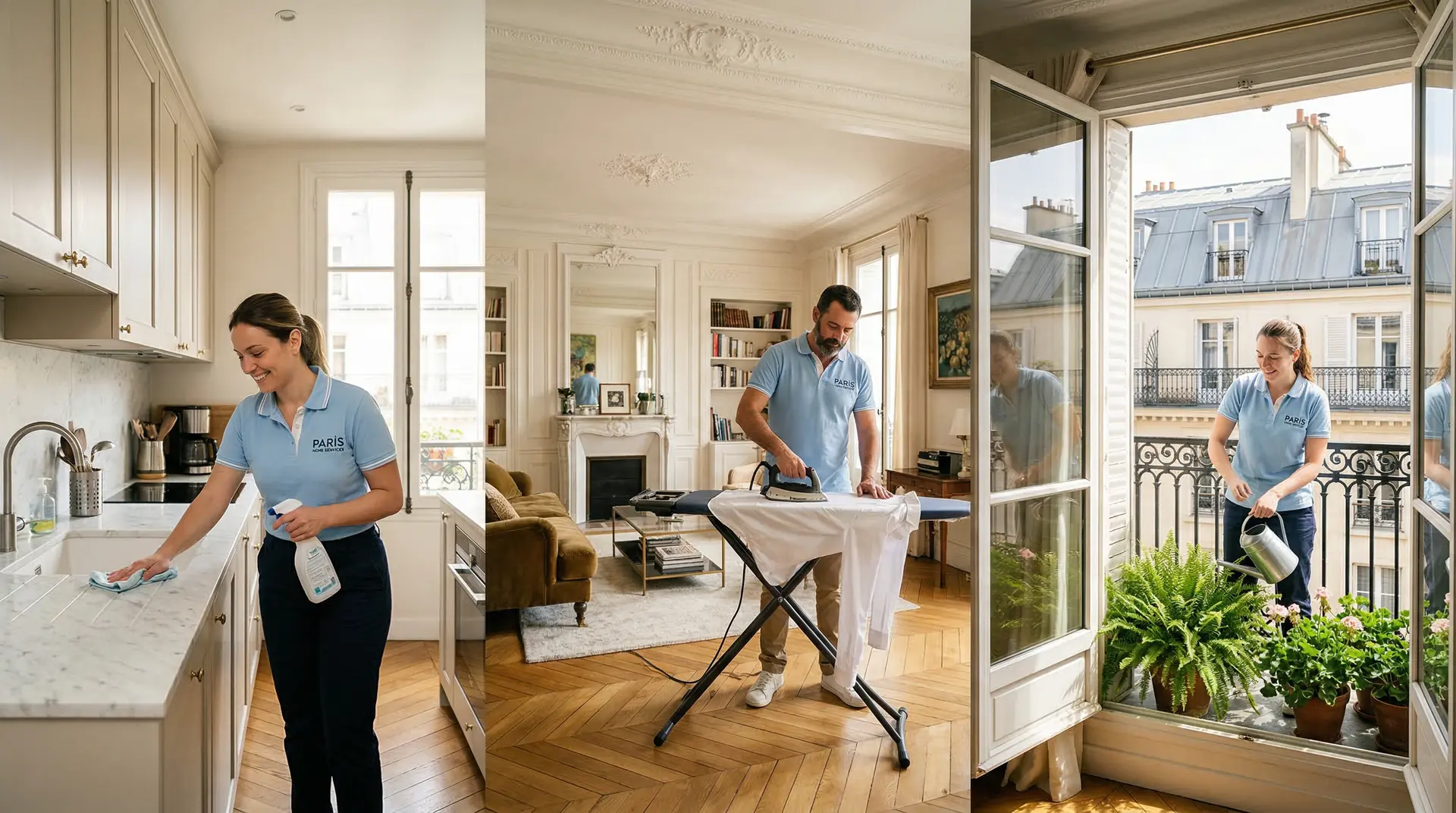 Équipe de services à domicile en action dans un appartement parisien