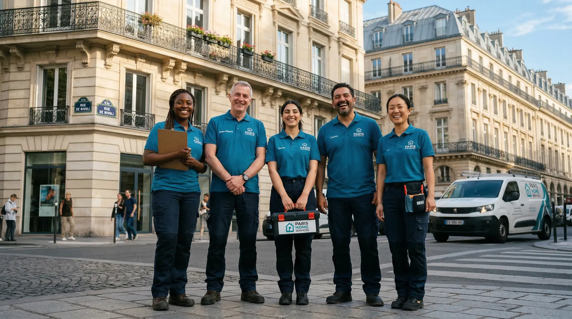 Équipe de services à la personne devant un immeuble parisien