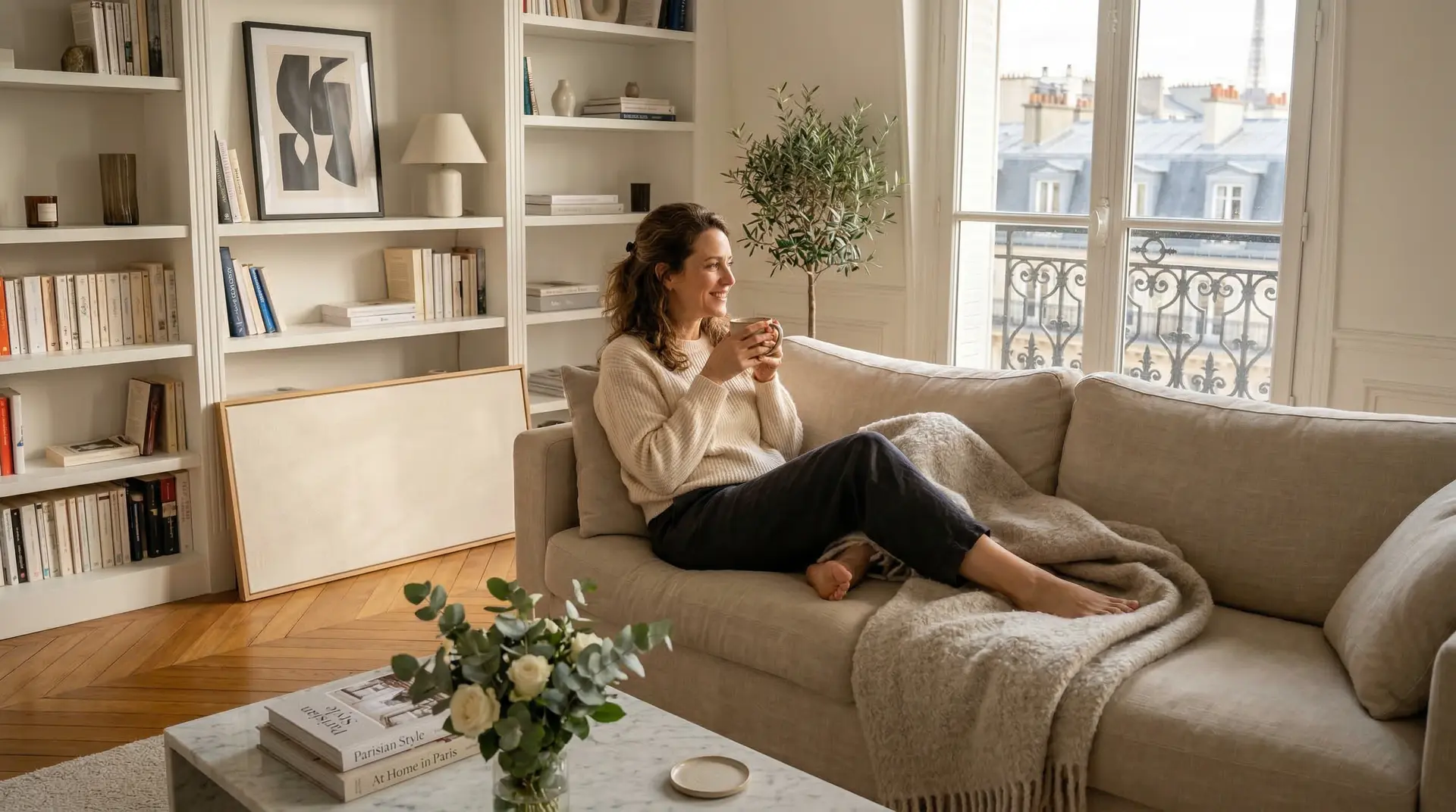 Cliente satisfaite dans son salon après un service de ménage à domicile