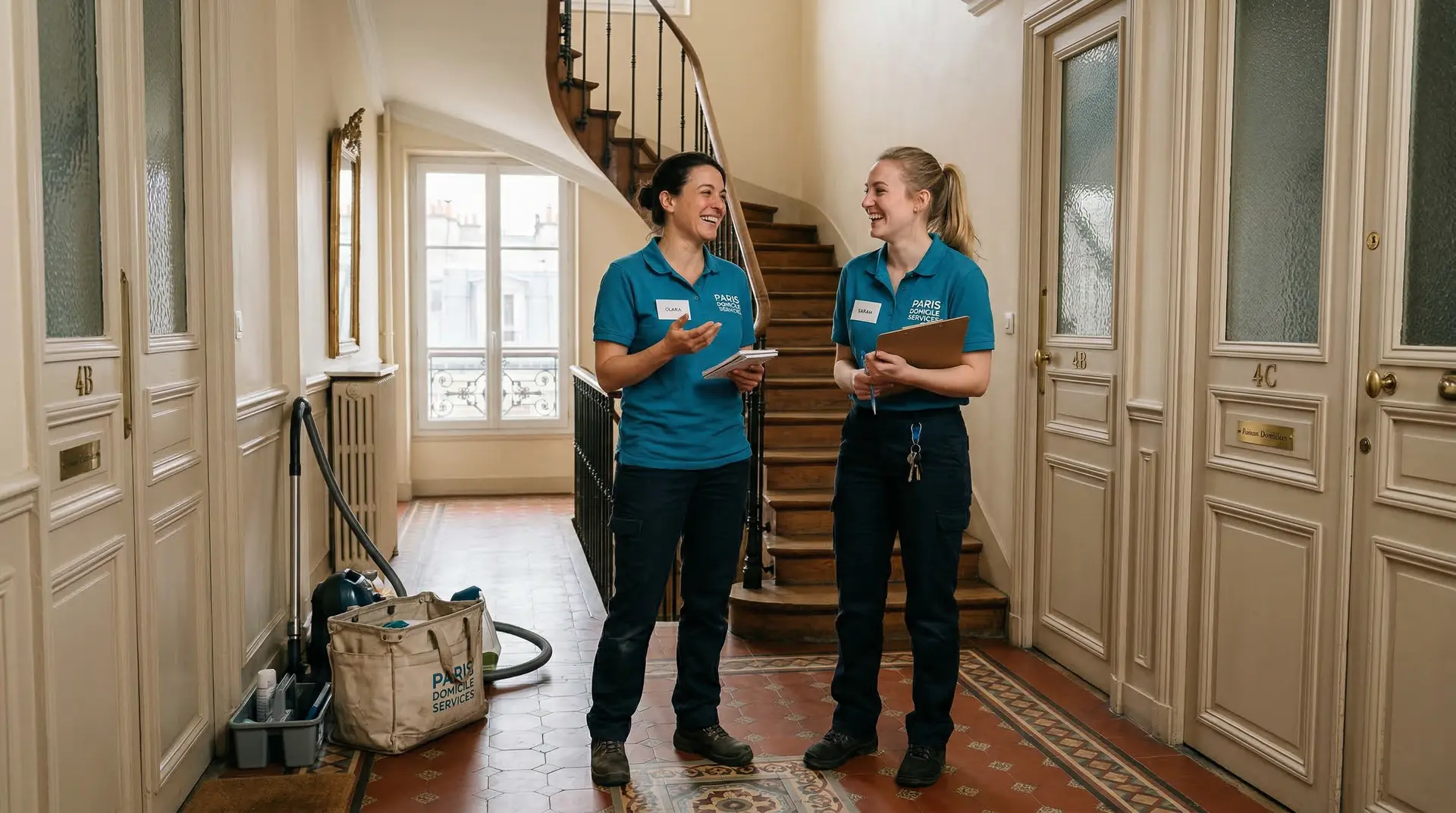 Intervenantes à domicile en uniforme dans un immeuble parisien